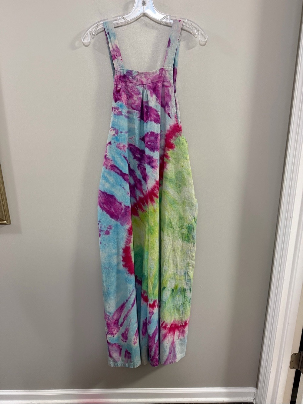 Handmade Hand-dyed Tie-Dye Women's Bohemian Overalls in Blue, Green & Purple - Picture 2 of 5
